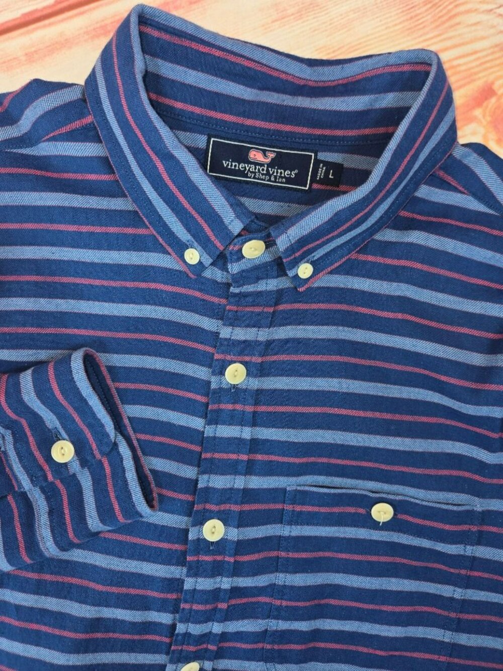 Vineyard Vines Blue Striped Button Down Shirt Large Linen Blend